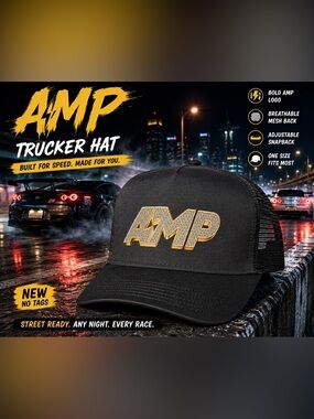 AMP Logo Black Trucker Hat Adjustable Mesh Snapback Cap NWOT